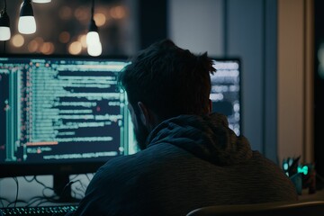 Wall Mural - ai generated illustration of a young adult man working on the computer in a dimly lit environment