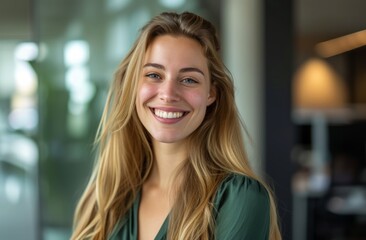 Happy young woman in a corporate office, people laughing image