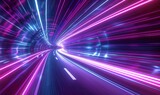 Fototapeta Fototapety do przedpokoju i na korytarz, nowoczesne - 3d render, abstract neon background, space tunnel turning to left, ultra violet rays, glowing lines, virtual reality jump, speed of light, space and time strings, highway night, Generative AI