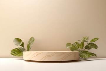 Wall Mural - minimal modern product display with wood podium and green leaves.