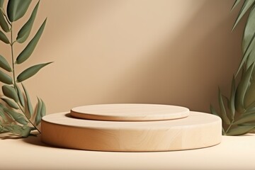 Wall Mural - minimal modern product display with wood podium and green leaves.