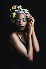 Wall Mural - Fashion, beauty and face of African woman on dark background with confidence, style and head scarf. Culture, aesthetic and person with cosmetics, trendy accessories and makeup in studio in Kenya