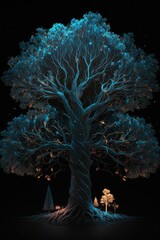 Wall Mural - ai generated illustration of a grand, illuminated tree standing in the dark of night