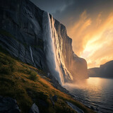 Fototapeta Góry - Gigantic Waterfall landscape photo, golden hour, epic