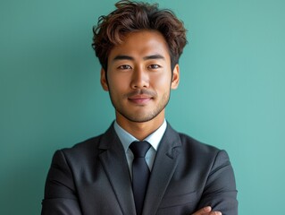 Portrait of handsome smiling businessman with suit in professional studio background