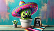 Cactus with sombrero and chalkboard celebrating the Cinco de Mayo holiday