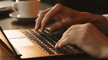 AI generated illustration of a young adult seated at a cafe table, typing quickly on a laptop