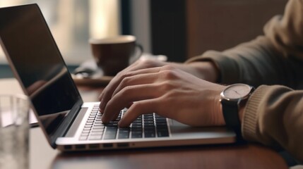 AI generated illustration of a young adult seated at a cafe table, typing quickly on a laptop