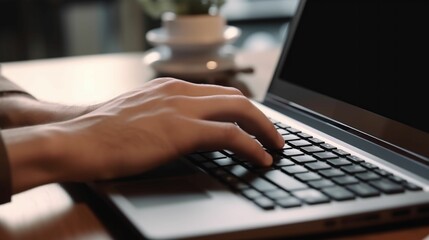 AI generated illustration of a young adult seated at a cafe table, typing quickly on a laptop