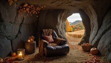 AI Generated Illustration Of A Cozy Reading Corner In A Small Autumnally Decorated Candlelit Cave