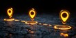 Illuminated GPS Location Pins Mapping a Journey Across a Digitally Conceptualized Terrain, Generative AI