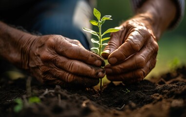 AI generated illustration of two hands supporting a lush, green sprout in a bed of dark soil