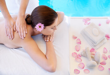 Sticker - Flowers, massage and woman at spa pool for health, wellness and luxury holistic treatment. Self care, peace and girl on table with masseuse for body therapy, relax and calm hotel service with petals