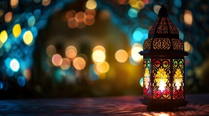 Traditional Arabic lantern lit up for celebrating holy month of Ramadan. Bokeh lights surrounding Ramadan concept