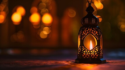 Traditional Arabic lantern lit up for celebrating holy month of Ramadan. Bokeh lights surrounding Ramadan concept