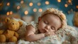 © suphakphen - little baby sleeping, a new born baby girl sleeping with Teddy bear, in the background of night stars and cloud
