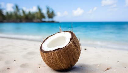 Wall Mural - coconut on the beach. coconut on a sandy beach in tropical location during summertime. Sunshine and coconuts. Blue ocean