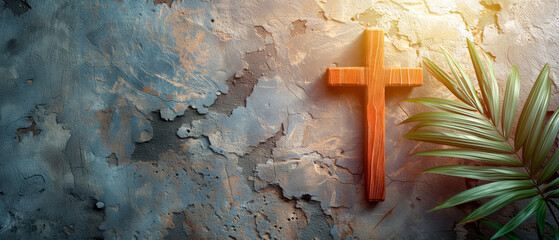 Wall Mural - Wood cross and palm leaves over stone background for easter. Catholicism symbol.