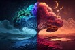 AI generated illustration of a vibrant tree divided into two halves illuminated by moon