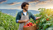 man with basket of tomatos; harvesting vegetables; healty lifestyle; gardening