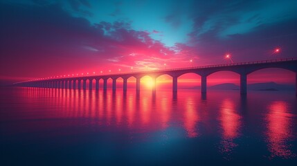 Wall Mural - a sunset and the ocean bridge on a cloudy day print