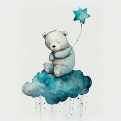 Wall Mural - AI generated illustration of a watercolor cartoon bear sitting on the fluffy cloud holding a balloon