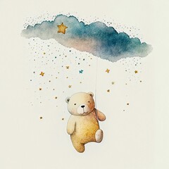 Wall Mural - AI generated illustration of a watercolor cartoon bear flying in the sky with a balloon