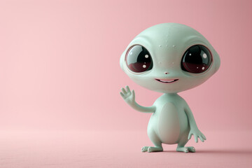 A 3d cartoon character of a friendly alien waving to the camera. 3D render style