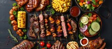 Top View Of A Barbeque Party Picnic Flatlay Featuring A Variety Of Grilled Summer Bbq Dishes Like Shish Kebab Skewers, Grilled Corn, Salad, Bonfire Fried Chicken, Steak, Sausages, And Vegetables.