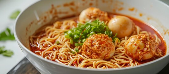 Canvas Print - A delicious Chinese noodle dish featuring steamed meatballs in a flavorful sauce, served on a table alongside a bowl of noodles.