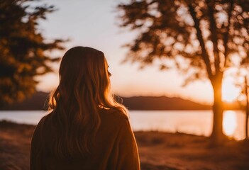 Wall Mural - a woman standing at the edge of a lake staring out into the distance