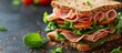 A delicious close up of a sandwich featuring ham, lettuce, tomatoes, and spinach, placed on a table. This finger food contains staple ingredients such as sliced bread, leaf vegetables, and meat.