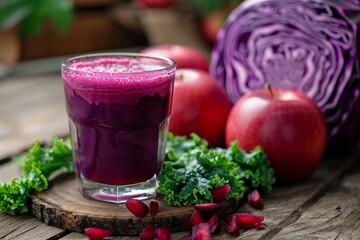 Freshly juice of red cabbage in clear glass, with a whole cabbage and slices on a rustic wooden table