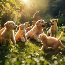 AI Generated Illustration Of Adorable Puppies In A Grassy Field On A Sunny Day