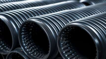 Corrugated black plastic pipes stacked, industrial PVC tubing, macro perspective with shallow field of view.