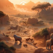 AI Generated Desert Landscape With Variety Of Wildlife At Sunset
