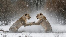 AI Generated Illustration Of Lions Engaged In Playful Activity In A Snowy Winter Landscape