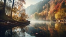 AI Generated Illustration Of A River Shrouded In A Foggy Haze Flowing Past A Dense Wood Of Trees