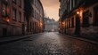 © Wirestock - AI generated illustration of an empty cobblestone street illuminated with golden lights