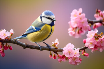 blue tit on a flowering branch in spring