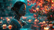 Portrait, A futuristic cyborg with glowing circuitry and neon accents, meditating in a serene cybernetic garden amidst floating holographic flowers