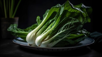 AI generated illustration of two freshly picked bok choy vegetables placed side by side