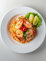 Wall Mural - Seafood Tom Yum Fried Rice,Stir fried rice with shrimp and squid with chilli sauce on white plate.Top view : Generative AI