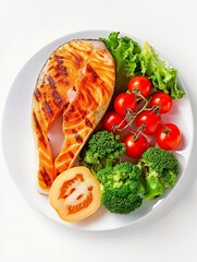 Wall Mural - roasted salmon steak and vegetables isolated on white background, top view : Generative AI