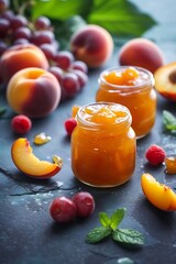Aufkleber - Two jars with peach jam and fresh fruits on stone background. : Generative AI