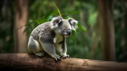 Poster - AI-generated illustration of an adorable Koala perched atop a wooden log.