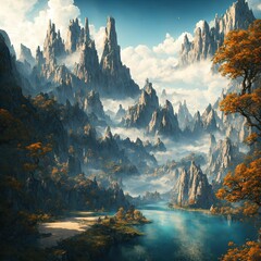 Wall Mural - AI generated illustration of a mountain range, with its reflection mirrored in a tranquil lake