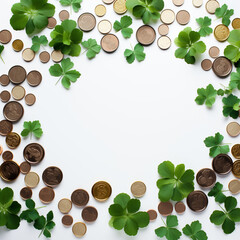 Green clover and gold coins on white background