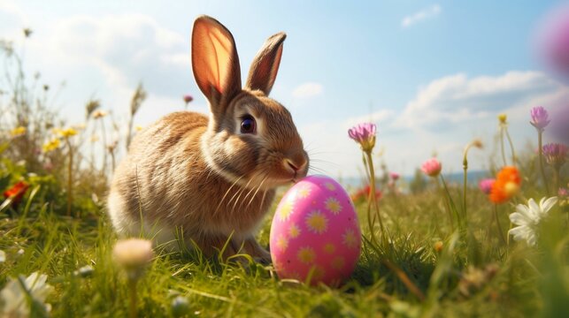AI generated illustration of a rabbit sitting on a lush lawn with Easter eggs