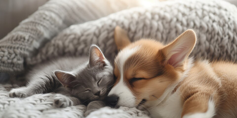 Wall Mural - Corgi Puppy and Gray Kitten fritnds together Closeup. Cute dog and a baby cat cuddling on a white minimal room interior.